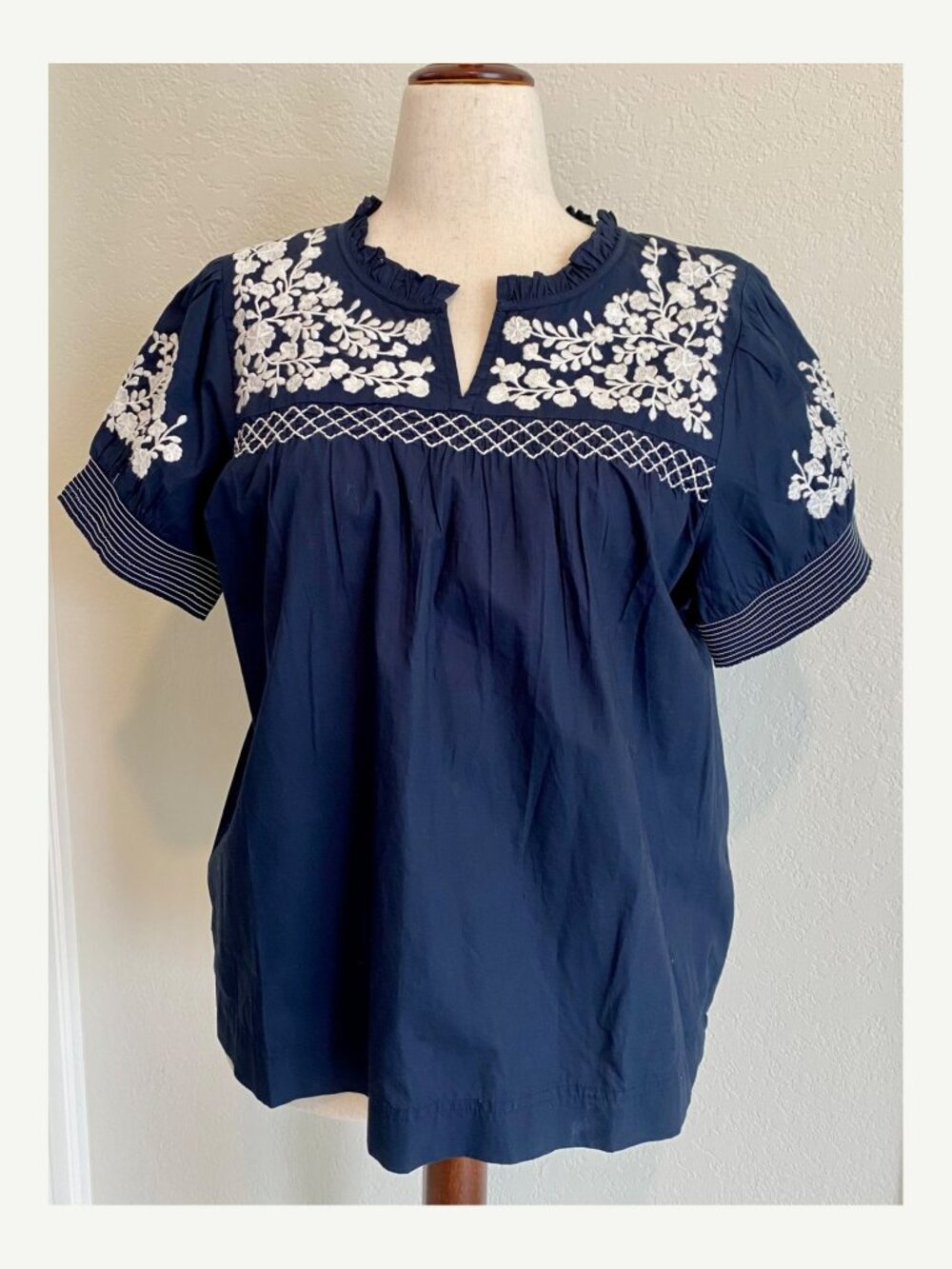 J.Crew Navy Embroidered Blouse Top Size L